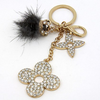 Key Chain - 12 PCS - Rabbit Fur w/ Rhinestone Flowers & Crown - Gray - KC-YI5352GY